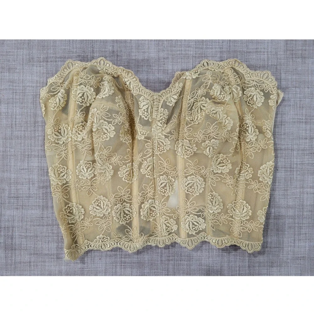 Vintage Victoria's Secret Gold Floral Lace Corset Bustier Top 38D 90s Strapless - Picture 2 of 6